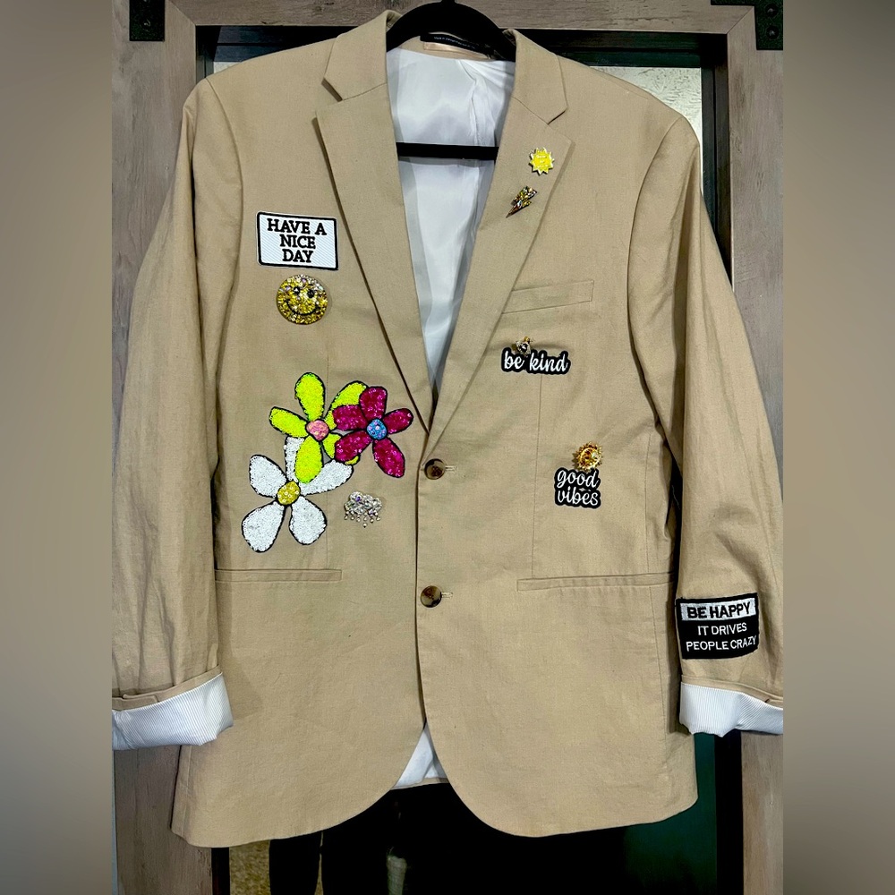 Tan Blazer with Notched Lapels and Decorative Patches